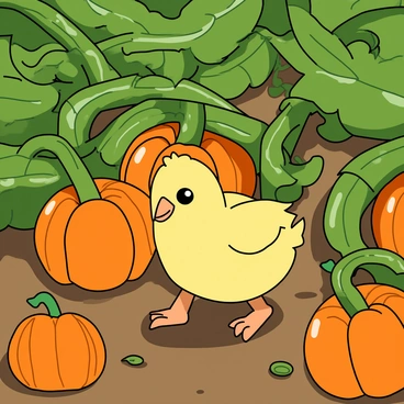 A small yellow chick with fluffy feathers is wandering through a vibrant pumpkin patch. The chick has big, round eyes and a tiny beak. It is surrounded by large, green pumpkin vines that twist and curl across the ground. Bright orange pumpkins of various sizes are scattered throughout the patch, some partially hidden beneath the sprawling leaves. The leaves are a rich green and have a glossy texture, adding to the lively scene. Sunlight casts soft shadows, creating a warm atmosphere as the chick explores its surroundings.