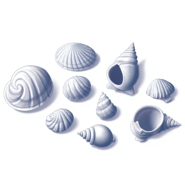A collection of seashells arranged on a flat surface. The display includes shells of different shapes such as spiral, conical, and flat forms. Each shell showcases unique textures, including smooth, ridged, and patterned surfaces. The arrangement allows for a clear view of both the exterior and interior details of the shells, emphasizing their diversity.