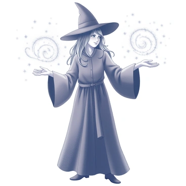 A figure of a young witch stands confidently with her arms extended outward. "Hermine" has long, flowing hair and is wearing a traditional witch's robe, complete with a pointed hat. Her hands are surrounded by intricate patterns of sparkles and light, creating a dynamic and vibrant display. The sparkles swirl and twirl around her fingers, suggesting energy and movement in the air. The background is filled with a sense of magic, enhancing the overall atmosphere of the scene.