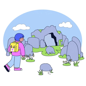 Ein Charakter namens Ichinose mit einem bunten Rucksack steht in einer antiken Ruinenlandschaft. Um sie herum sind große, verwitterte Steine und alte Säulen, die die Überreste vergangener Zivilisationen darstellen. Der Himmel ist klar und strahlend blau, wodurch die Lichtverhältnisse die Szene erhellen. Ichinose schaut neugierig auf ein großes, zerfallenes Tor, das von Pflanzen überwuchert ist. In der Nähe befinden sich einige kleine, grüne Sträucher und wild wachsende Blumen, die dem Bild einen lebendigen Kontrast verleihen.