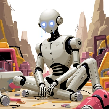 A robot with a metallic body and bright blue LED eyes is sitting in a junkyard filled with rusted metal parts and old machinery. The robot's shoulders are slumped, and it has several visible dents and scratches on its surface. Mechanical tears are streaming down its face, glistening in the sunlight. Surrounding the robot are scattered pieces of scrap metal, twisted wires, and broken tools, creating a chaotic environment. In the background, piles of junk rise high, adding to the desolate atmosphere of the scene.