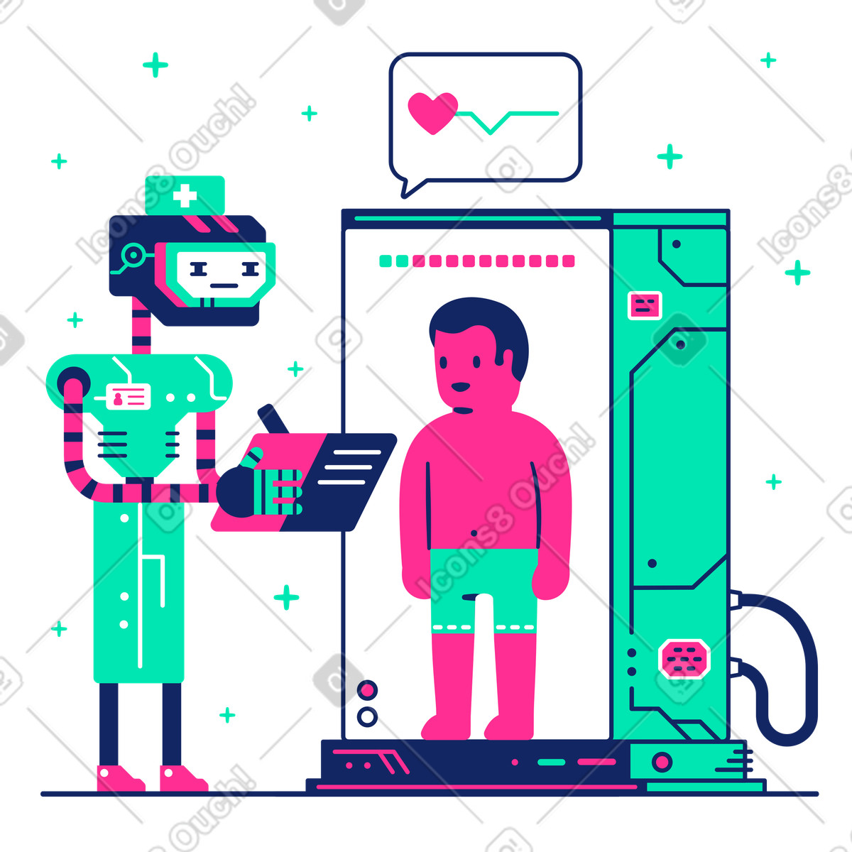 Illustration Le docteur de robot examine un homme dans tube médical style Cyborg à télécharger aux formats PNG, SVG