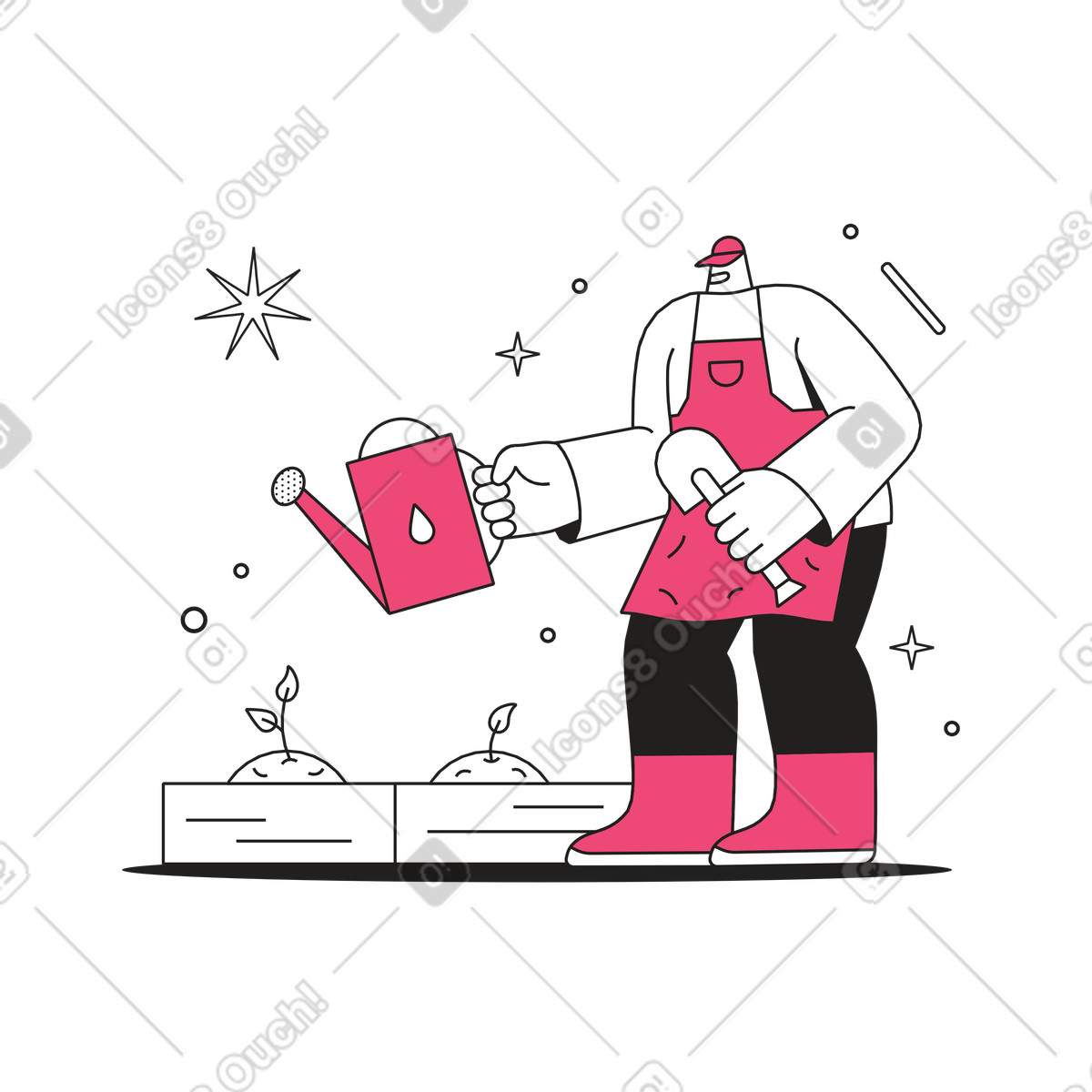 Gardener watering garden beds, Plant care and growth illustration in PNG, SVG