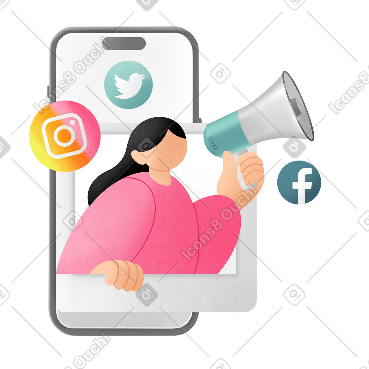 Joy スタイルの Young woman with a loudspeaker promoting products and services online のイラストをPNG、SVG形式でダウンロード