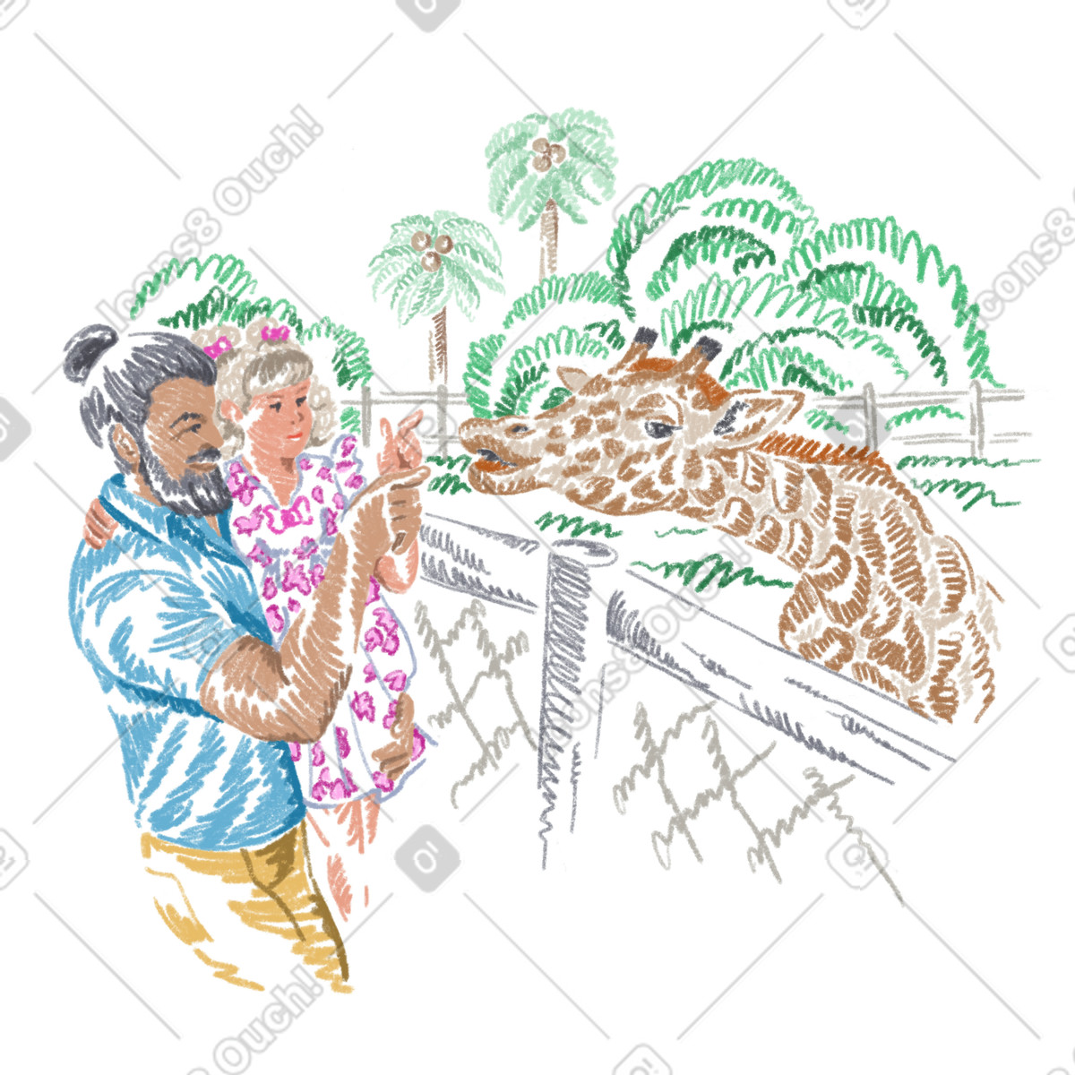 Father and child at the zoo illustration featuring animal clipart in PNG