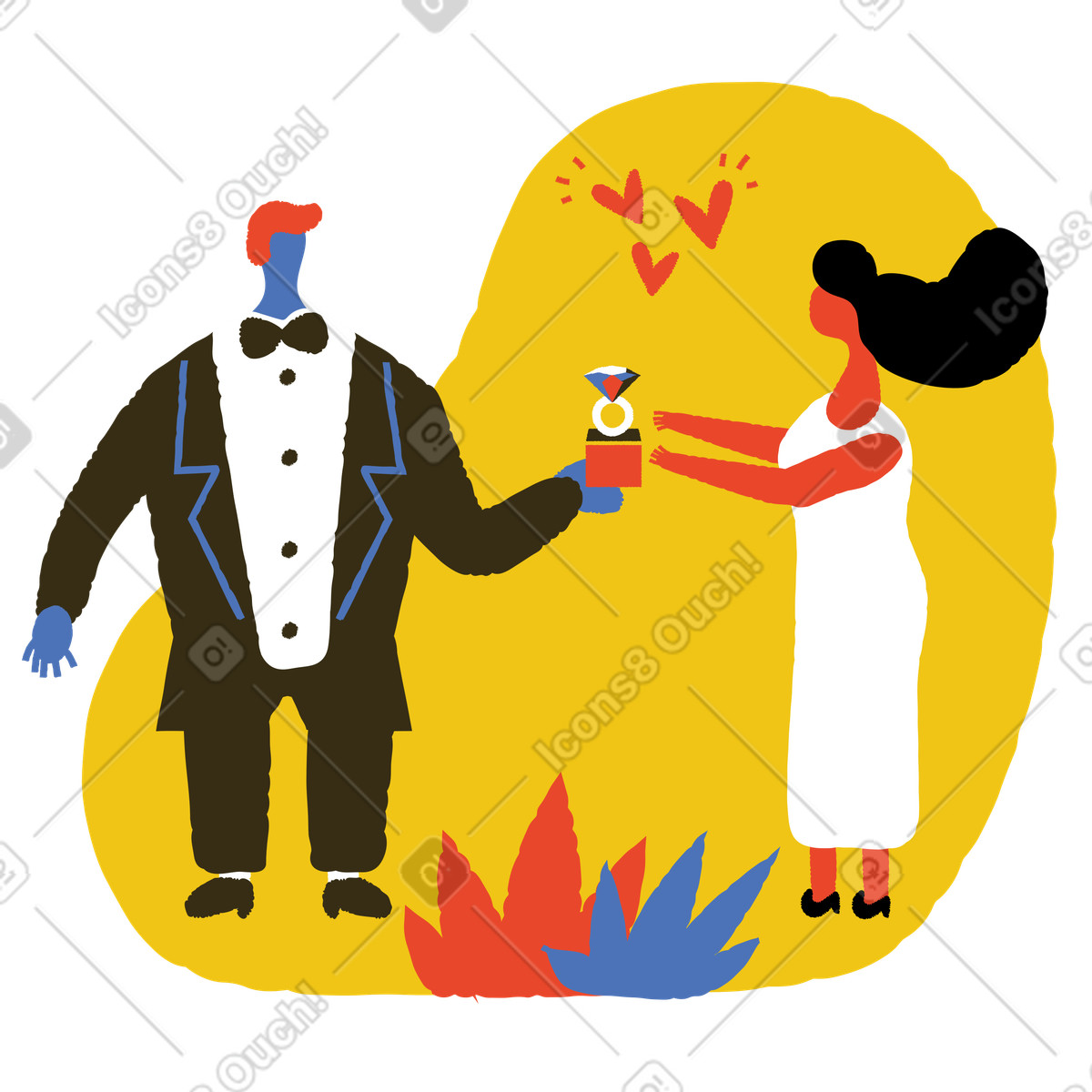 Bride and groom exchanging rings at wedding illustration in Bermuda style download in PNG, SVG