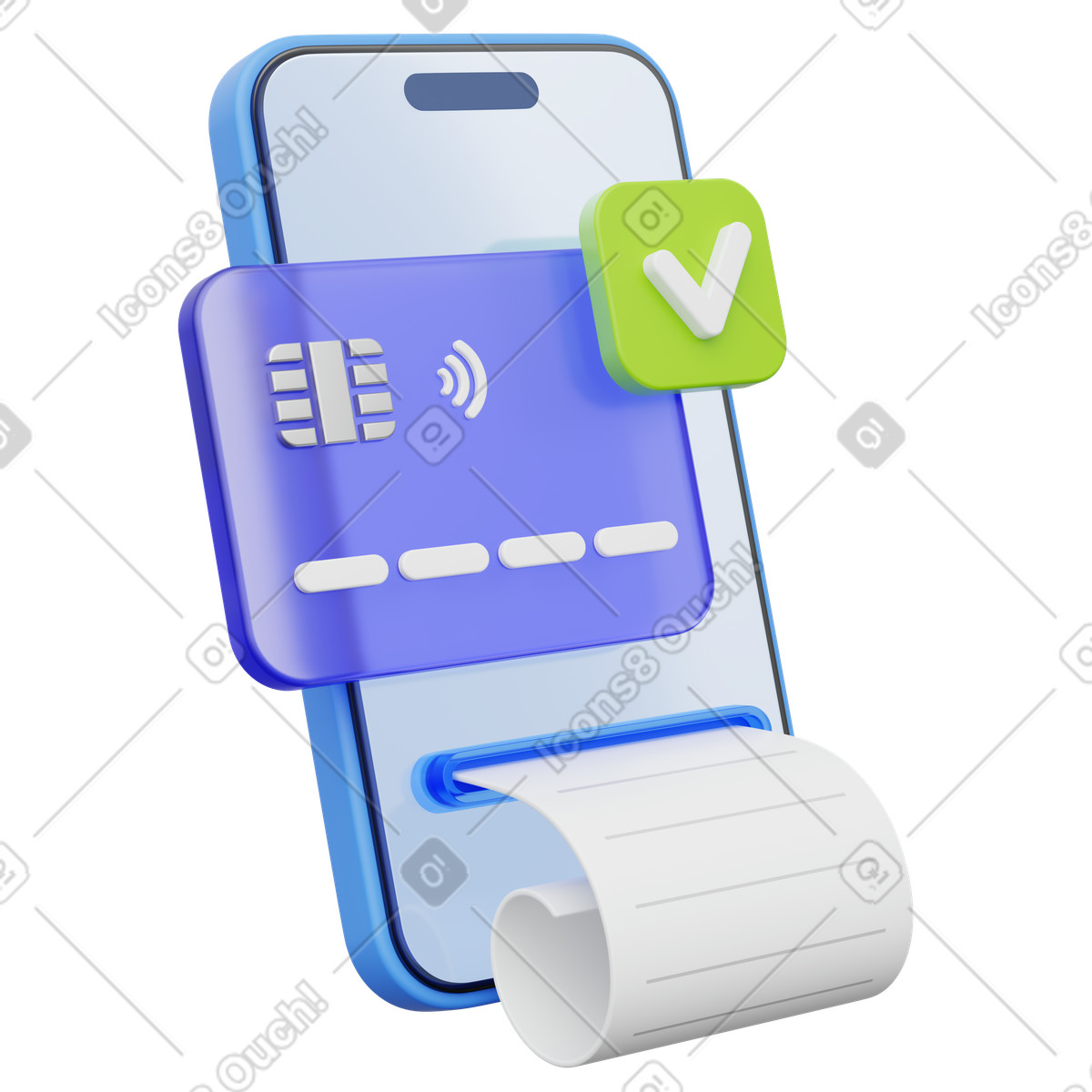 Mobile receipt payment, Smartphone with receipt and checkmark, Confirmed transaction illustration in 3D Playful style download in PNG, SVG