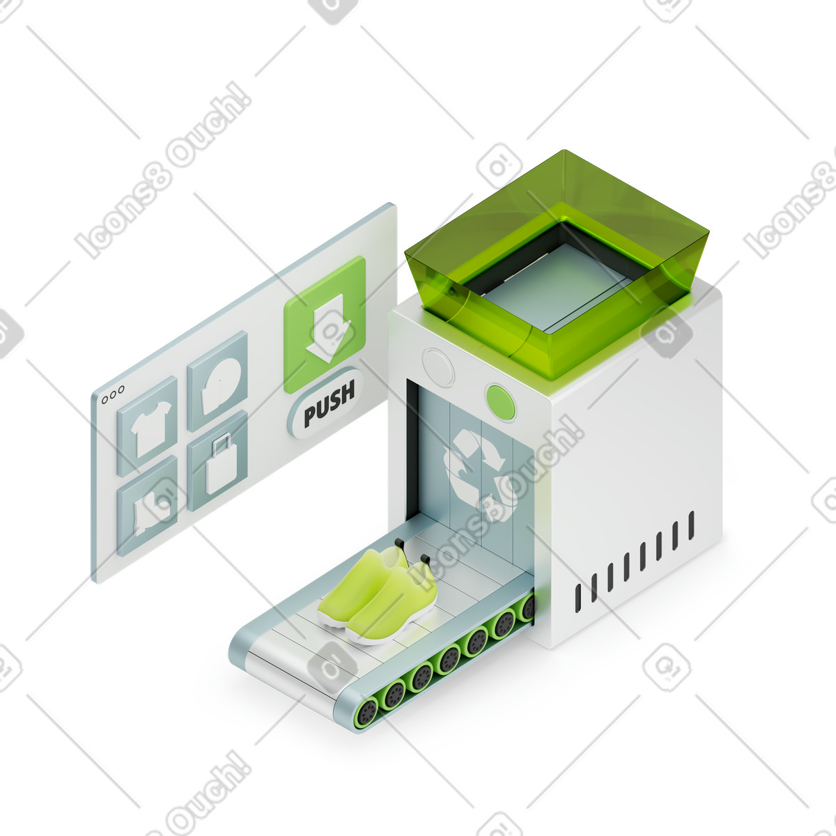 Recycling plastic and making shoes animated illustration in 3D Isometric style download in GIF, Lottie (JSON), AE
