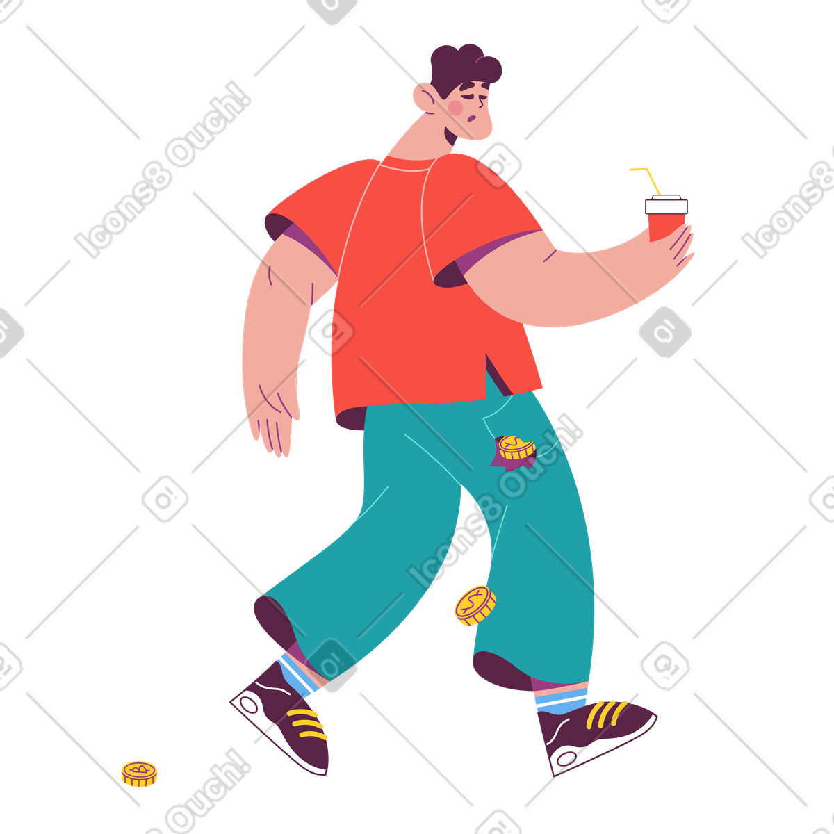 Ilustración Person walking with coins falling out of pocket, poor money management en estilo Sammy a descargar en PNG y SVG