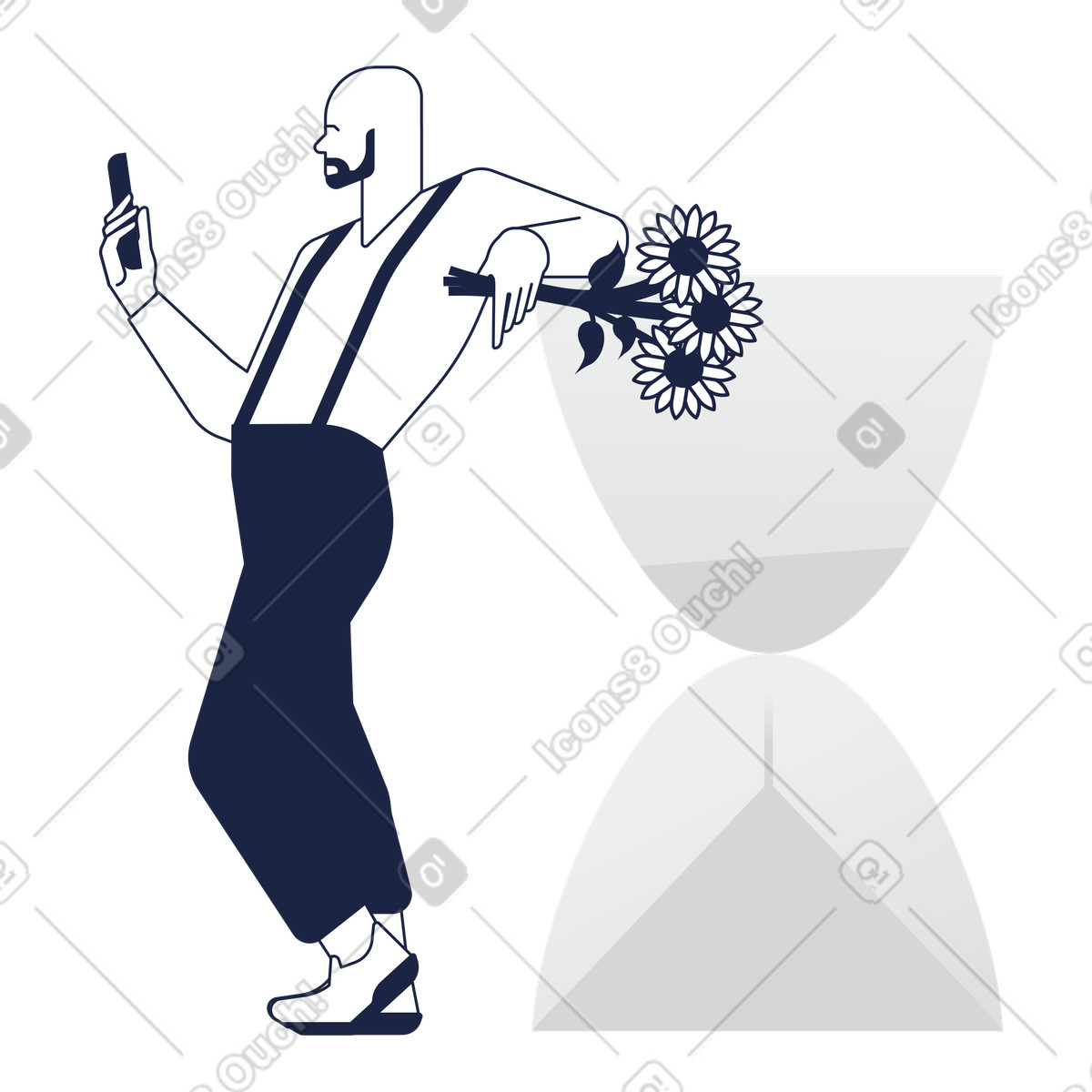 Man with flowers and smartphone waiting by hourglass illustration in PNG, SVG