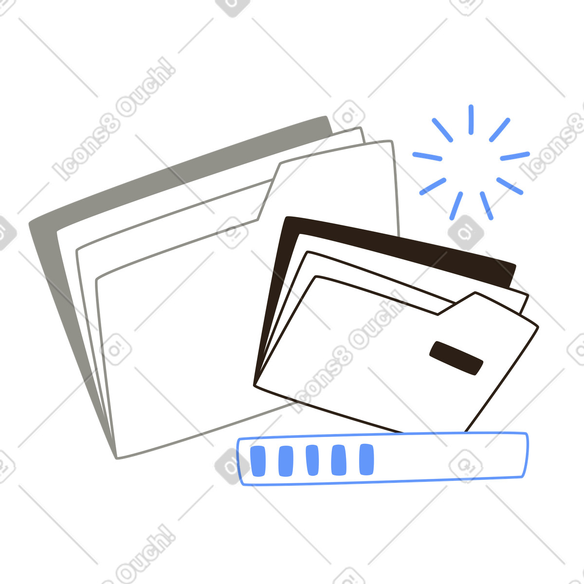 Illustration Dossiers avec barre de progression et icône de chargement, processus de téléchargement de fichiers aux formats PNG et SVG