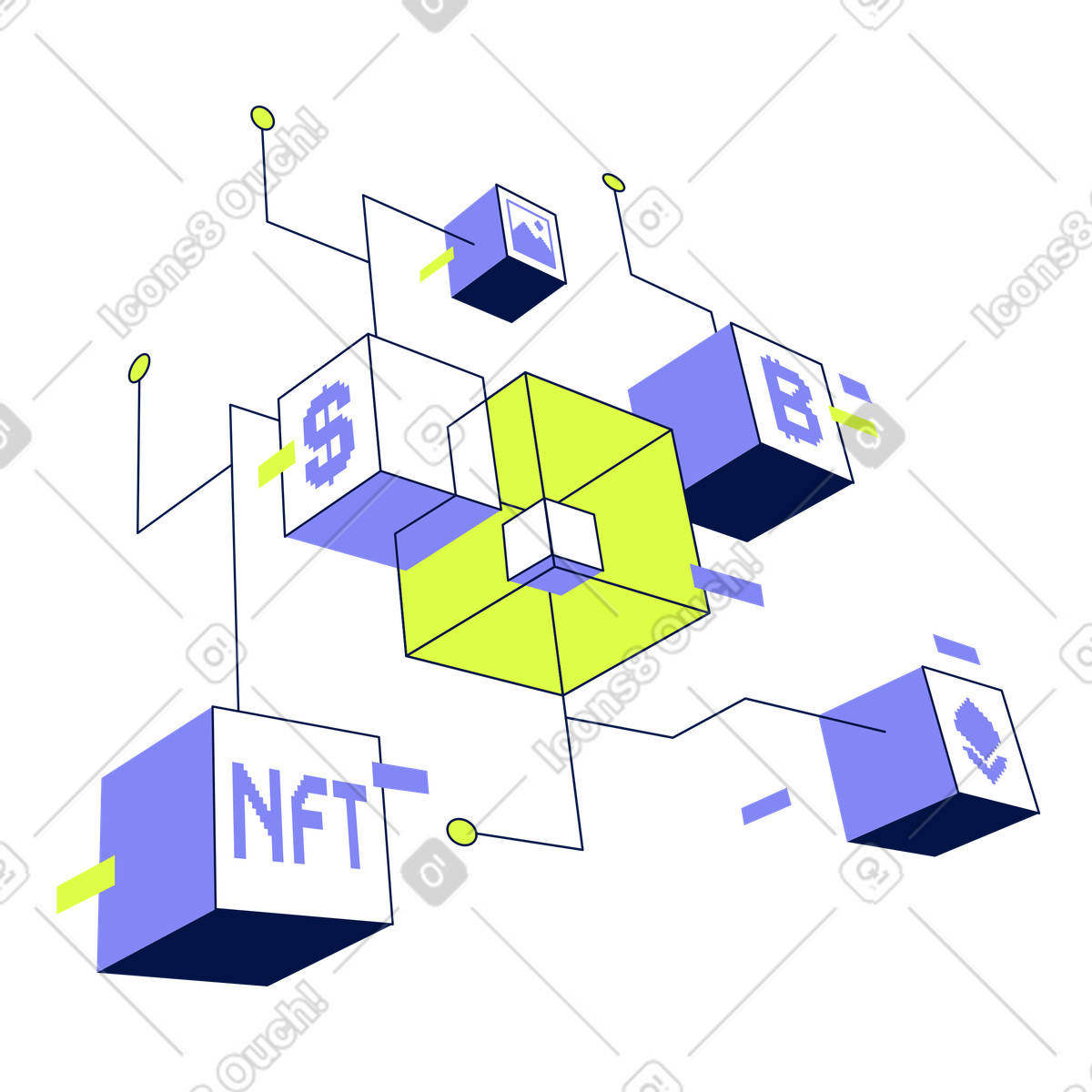 Glow 스타일의 Linked blocks with dollar and NFT icons, Secure distributed ledger for digital transactions 일러스트레이션 PNG, SVG 다운로드