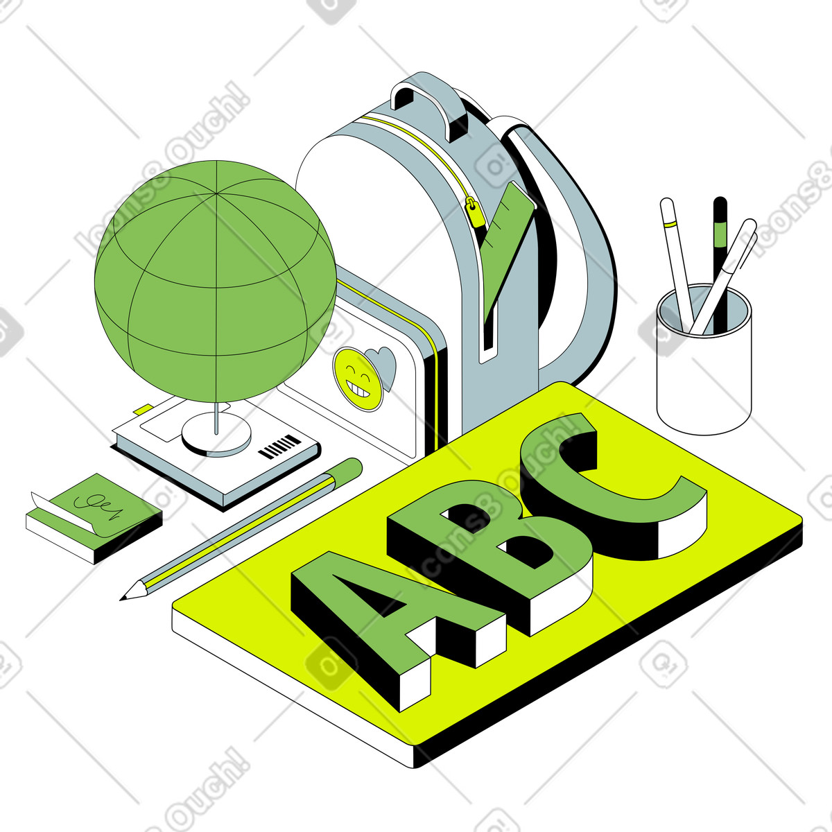 Lettering abc con testo di zaino, globo e matite illustrazione in stile Isometric scarica in PNG, SVG