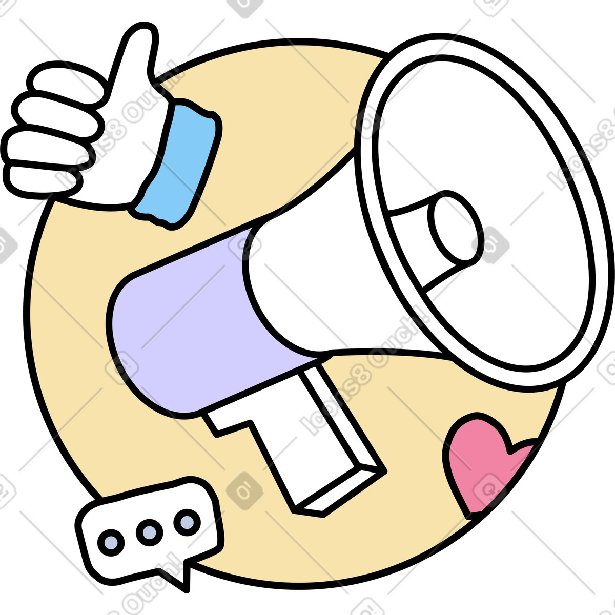 Ilustración Marketing online con megáfono y pulgares hacia arriba en estilo Notes a descargar en PNG SVG