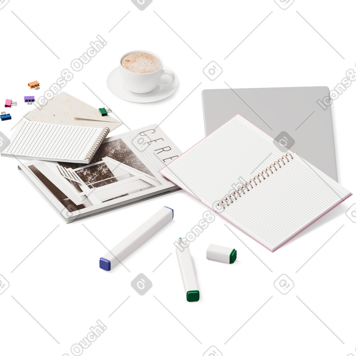 Vista isometrica di laptop chiuso, rivista, quaderni, pennarelli e spille illustrazione in stile 3D Hygge scarica in PNG, SVG