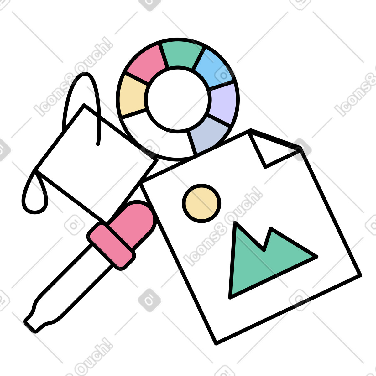 Grafikdesign-tools: pipette, farbkreis, farbfüllbehälter-Illustration im Notes-Stil als Download in PNG, SVG