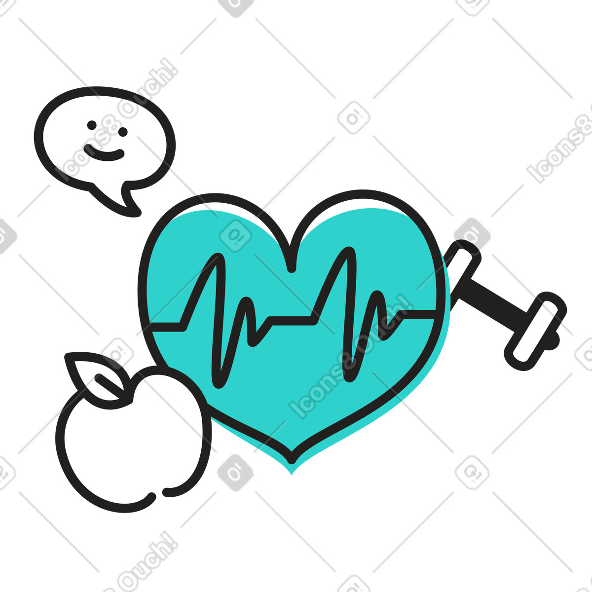 Illustration Santé physique : rythme cardiaque, nutrition et exercices dans le style Little à télécharger aux formats PNG, SVG