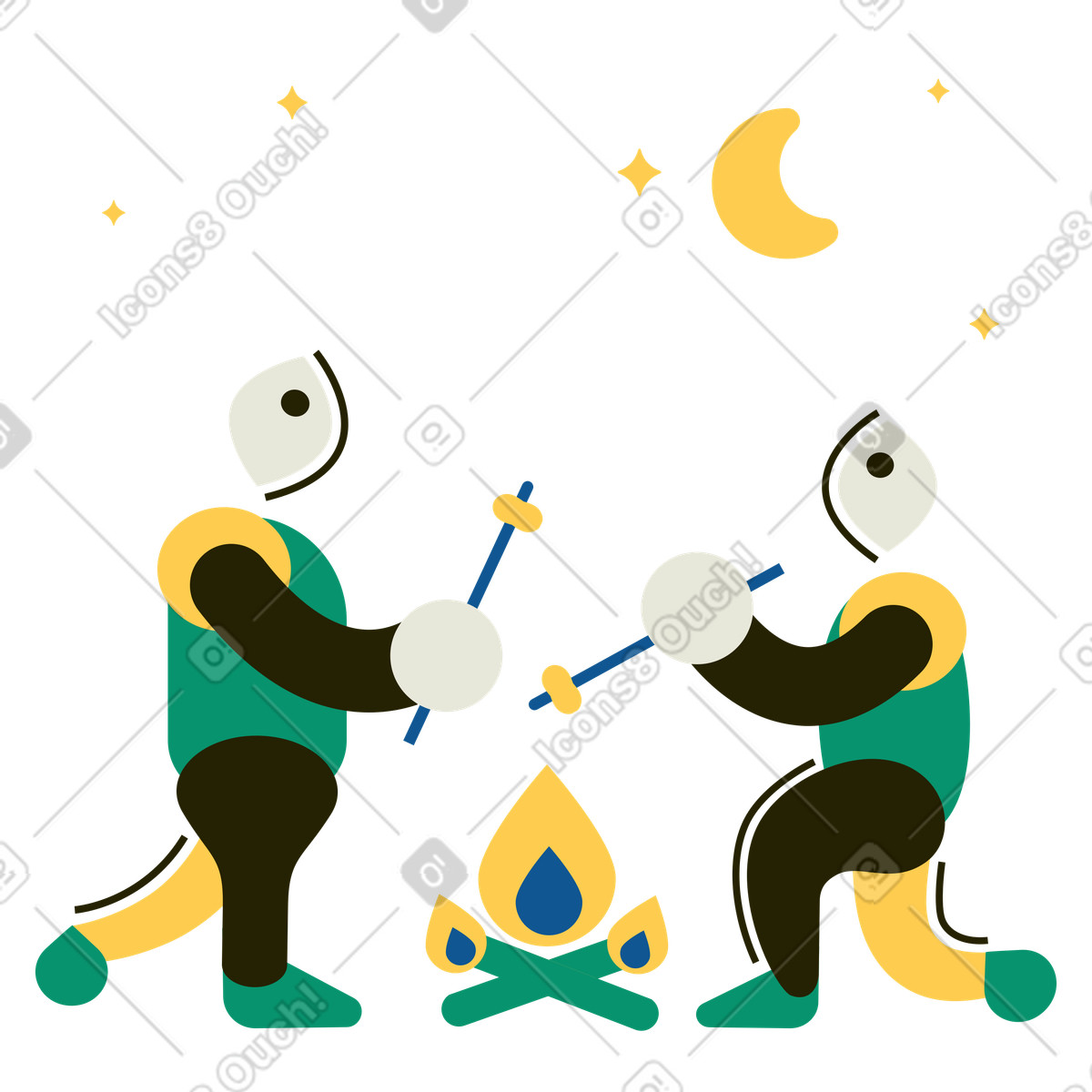 Illustration Les gens rôtissent des guimauves sur un feu de camp dans le style Spot à télécharger aux formats PNG, SVG