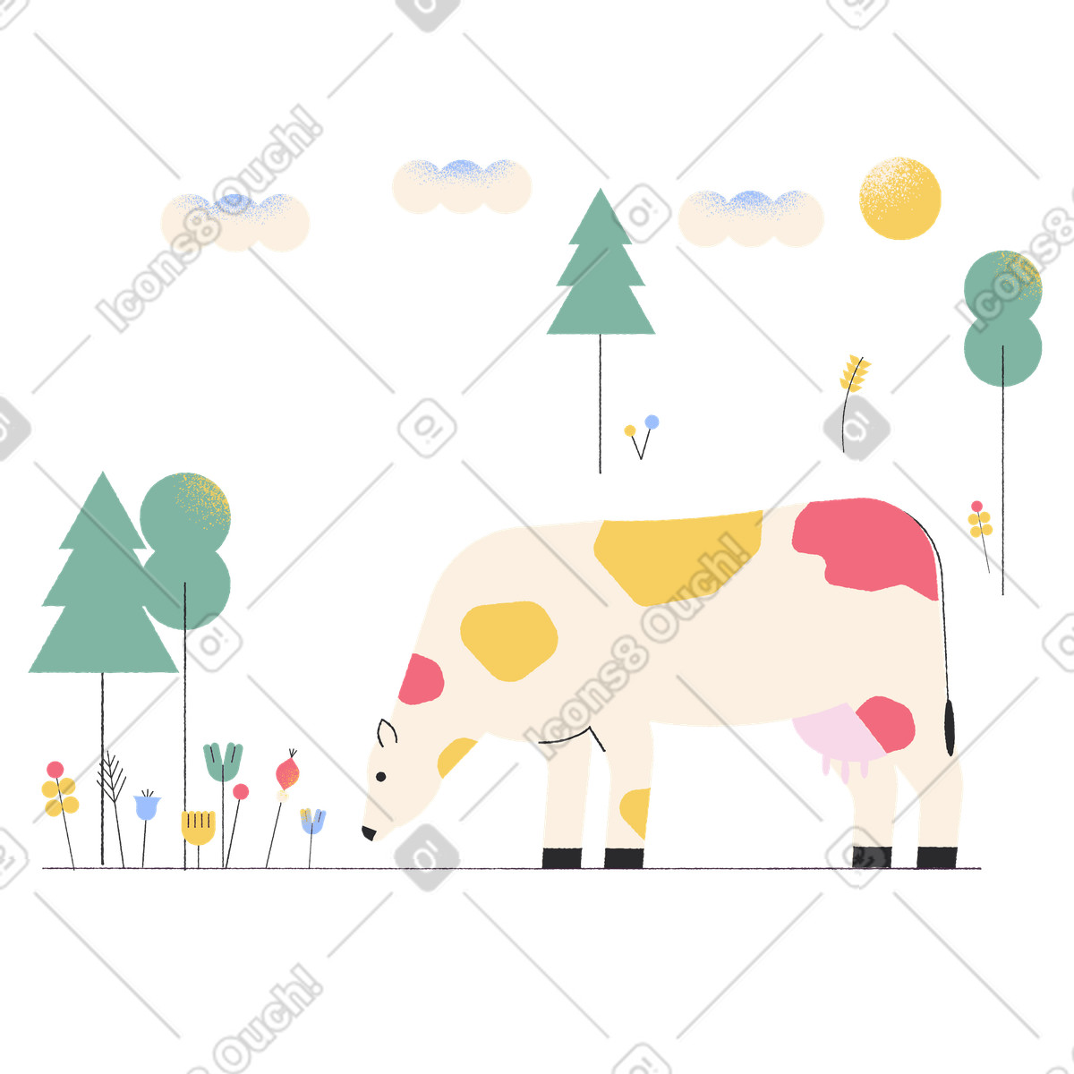 Ilustração de Vaca pastando em um pasto no estilo Pablo para baixar PNG, SVG
