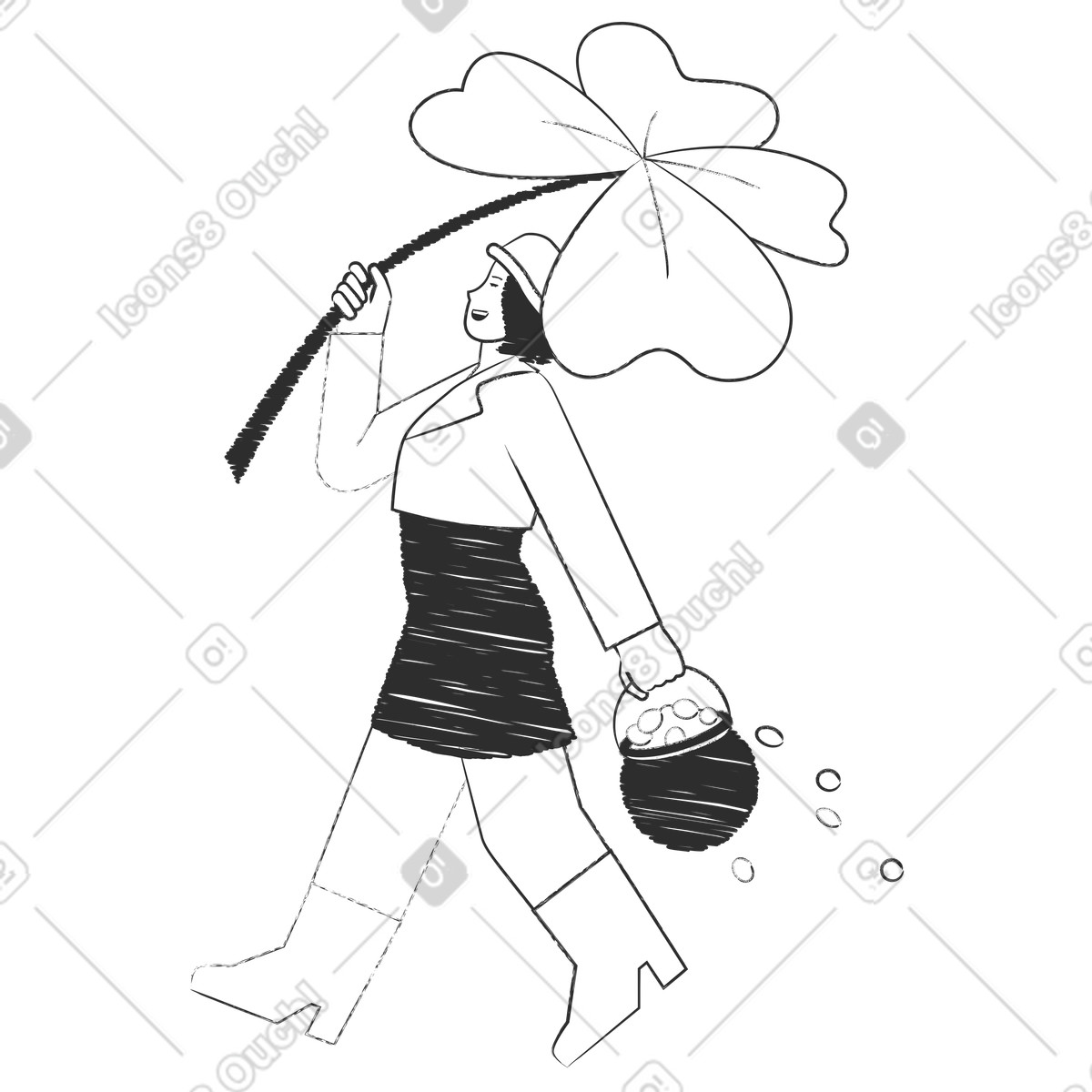Ilustração de Cheerful person carrying large shamrock and pot of gold, holiday luck irish tradition em no estilo Graphite para baixar em PNG, SVG