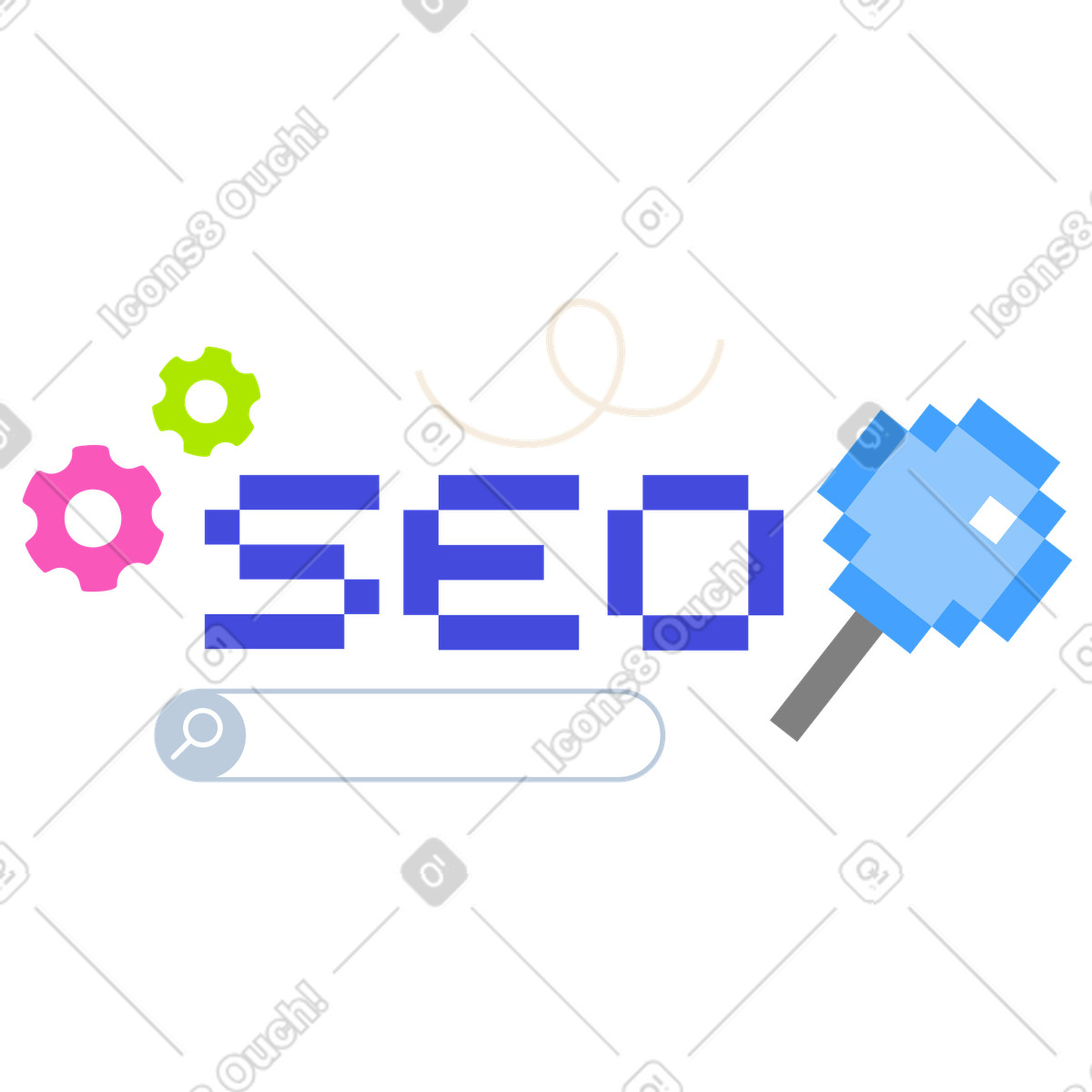 Pixelated magnifying glass and gears over SEO sign, Online search improvement illustration in 8bit style download in PNG, SVG