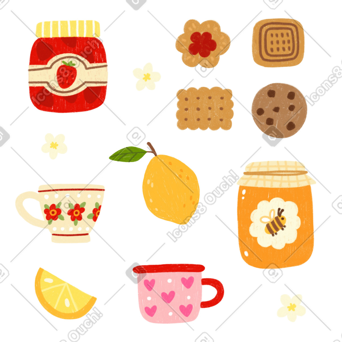 Jam jar, honey lemon, cookies and cups illustration in Cozy style download in PNG, SVG