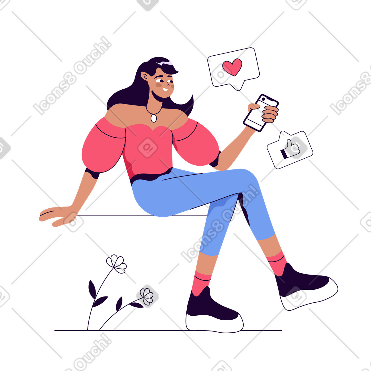 Woman getting "like" notifications on her phone illustration in Martina style download in PNG, SVG