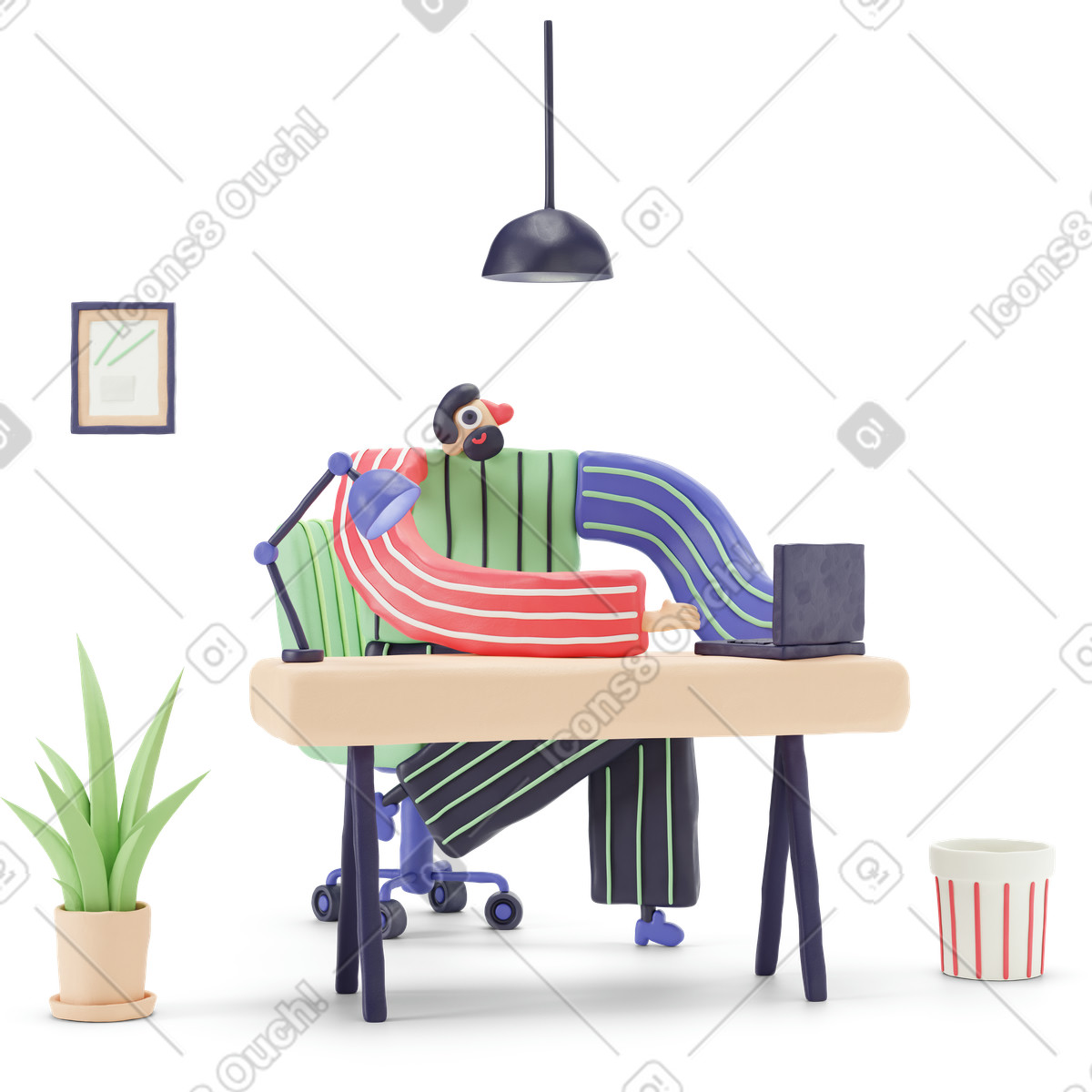 Ilustración Hombre trabajando en la computadora portátil detrás del escritorio estilo 3D Stripy a descargar PNG y SVG