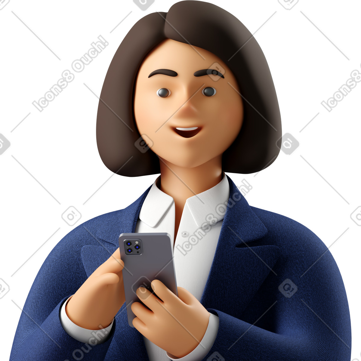 Close up of businesswoman in blue suit with phone looking straight-Illustration im 3D Business-Stil als Download PNG, SVG