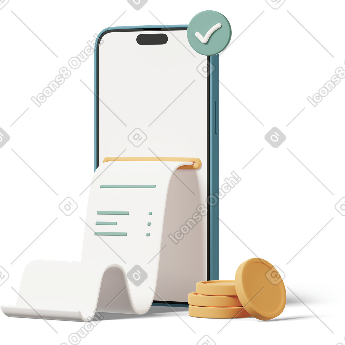 下载 3D Casual life 风格的 Cash receipt from online shopping on mobile phone 插画，支持 PNG、SVG 格式