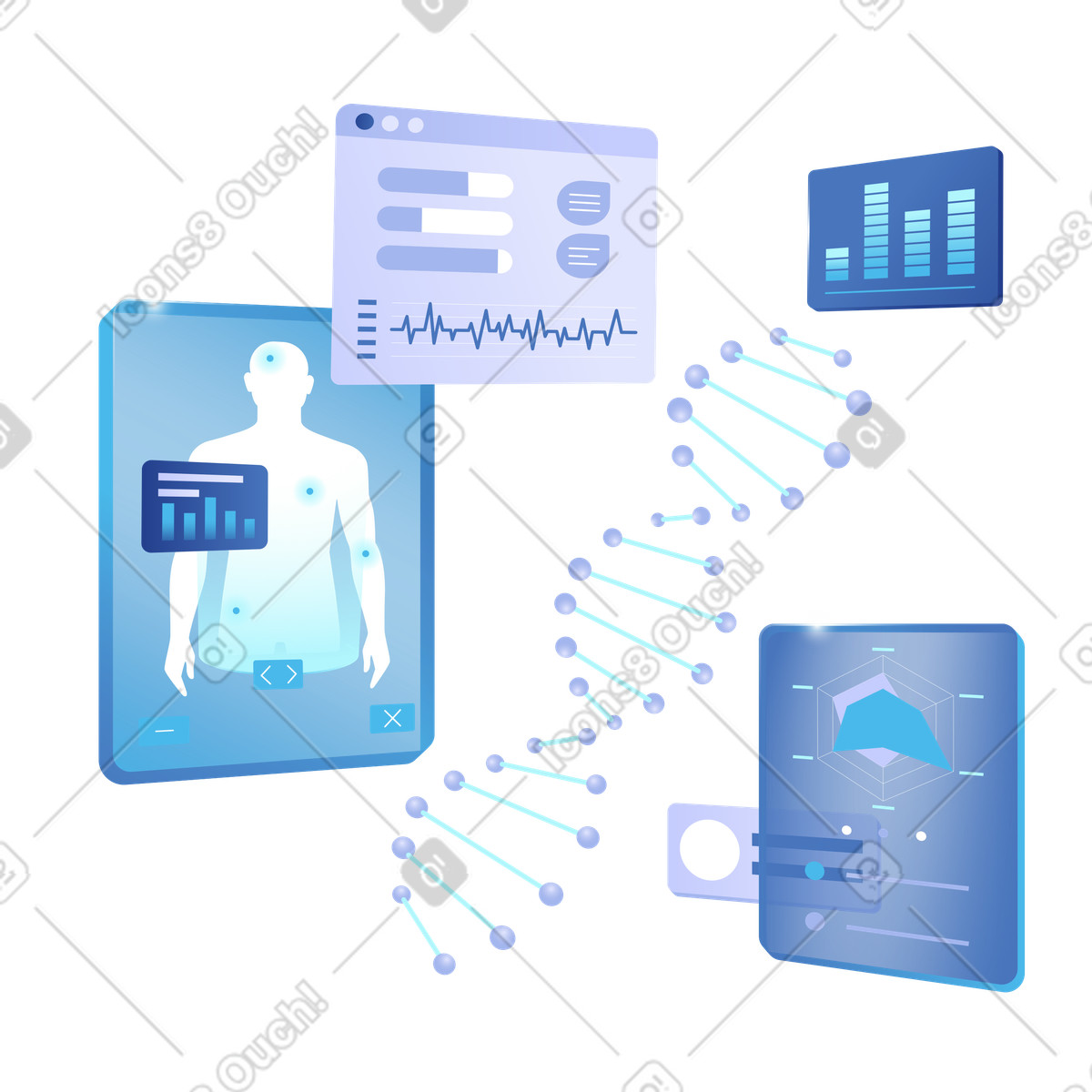 Ilustração de Healthcare data visualization connecting patient records and genetic information insights em no estilo Quantum para baixar em PNG, SVG