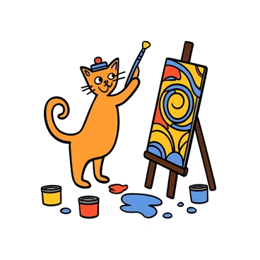 A cat with light fur and bright blue eyes is standing on its hind legs, holding a paintbrush in its paw. The canvas is set on an easel, displaying a vibrant, abstract painting filled with swirls of red, yellow, and blue. The cat is wearing a small artist's beret, giving it a creative flair. Its tail is curled up in excitement as it carefully makes final touches to the canvas with the brush. The surrounding area is scattered with paint tubes and splatters of paint on the floor, enhancing the artistic atmosphere.