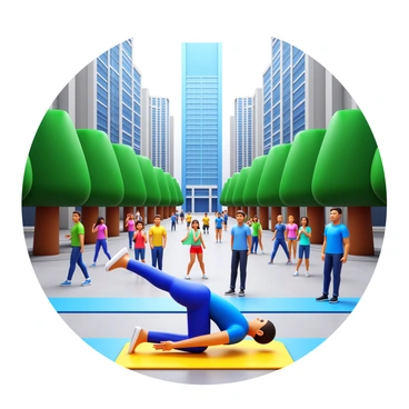 A person performing bicycle crunches on a brightly colored exercise mat. The individual is focused and determined, with their legs elevated and cycling through the motion. Surrounding them is a bustling city square, filled with people walking by. Tall buildings rise in the background, and there are trees lining the square. Several onlookers are observing, some stopping to watch the workout. The scene conveys an active urban environment.
