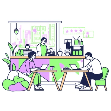 A cozy cafe interior is filled with warm lighting and wooden furniture. Several tables are occupied by people coding on laptops. Each person is focused on their screens; one is a woman with curly hair wearing glasses, typing intently. Next to her, a man with a beard sips from a steaming cup of coffee while glancing at his laptop. In the background, a barista is preparing drinks at the counter, surrounded by various coffee machines and canisters. A large window displays a view of the street outside, where a few pedestrians walk by. Soft chairs and plants are arranged around the cafe to enhance the inviting atmosphere.