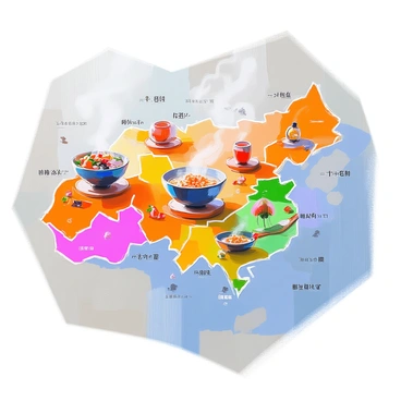 A cultural map showcasing various regions, each marked with distinct icons that represent local cuisines, traditions, and festivals. The map features colorful borders for each region, with symbols such as a steaming bowl for traditional dishes, a dance silhouette for local festivals, and handmade crafts for cultural traditions. The icons are arranged thoughtfully within their respective areas, creating a vibrant tapestry of cultural diversity. Each region is labeled with its name in bold letters, enhancing the visual clarity of the map.