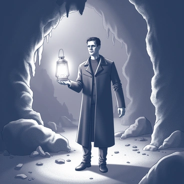 Victor Frankenstein is depicted in the midst of a dark, mysterious cave. He is wearing a long, dark coat and has a focused expression on his face. In his right hand, he holds a lantern that casts a soft glow around him, illuminating the rocky walls and stalactites above. Shadows dance across the uneven surfaces, creating an eerie atmosphere. The ground is uneven and scattered with small stones and debris. In the background, faint outlines of cave formations can be seen, hinting at the depth and complexity of the cave.