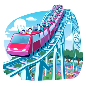 A large roller coaster with a metallic structure gliding down a steep, twisting track. The train of the roller coaster is vibrant and colorful, filled with excited riders. Each rider has their arms raised high in the air, displaying expressions of exhilaration and thrill on their faces. The background features a clear blue sky and fluffy white clouds, while the track is surrounded by green trees and an amusement park bustling with activity.