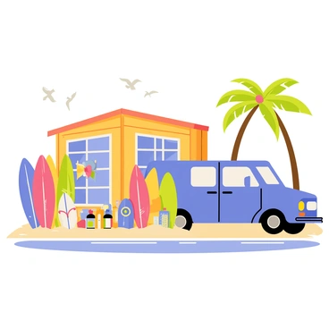 A bright blue van parked outside a colorful beach surf shack. The surf shack has a wooden structure with a thatched roof and large windows displaying various surfboards. Several surfboards in vibrant colors lean against the shack, alongside a collection of beach gear including towels, flip-flops, and sunscreen. The sandy beach is visible in the background, with some seagulls flying overhead. Palm trees sway gently in the breeze, adding to the beach atmosphere.