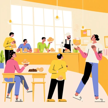 A bustling café with a warm and inviting atmosphere. The interior features wooden tables and chairs, with patrons seated and animatedly chatting. Several customers are enjoying "churros" with various toppings, such as "chocolate drizzle," "caramel sauce," and "sprinkles." A chef behind the counter is preparing fresh churros, dusting them with "cinnamon sugar." Colorful plates of churros are being served to eager customers. Large windows let in natural light, illuminating the joyful scene inside the café.