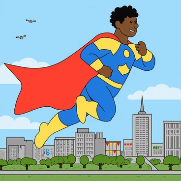 A superhero character resembling Vadivelu, with a bright, bold costume featuring a blue and yellow color scheme. He has a confident expression and is soaring through the sky with a flowing red cape billowing behind him. The cityscape below is filled with tall buildings and small green parks, with a few clouds dotting the blue sky. In the distance, colorful banners hang from the buildings, and a couple of birds can be seen flying alongside him. The superhero's muscular build is accentuated, and his hair is styled in a dramatic fashion, enhancing his heroic presence.