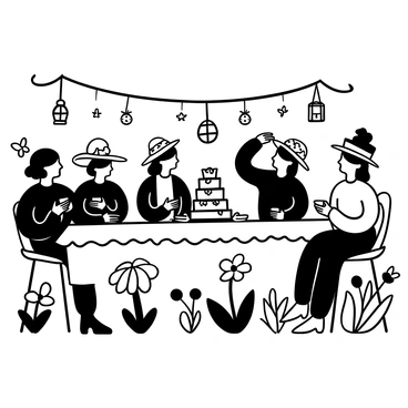 A whimsical garden party scene featuring characters dressed in elaborate floral hats. Some characters are seated at a long table adorned with a lace tablecloth and vintage tea sets, while others are standing and mingling. Each character holds a delicate teacup, engaged in conversation. Surrounding them are blooming flowers and hanging lanterns, adding to the festive atmosphere. A tiered cake with intricate decorations sits in the center of the table, and small butterflies flutter around the garden.