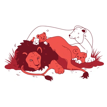 A red lion is lying on a patch of grass while a white lioness rests beside it. The lioness has a few cubs playfully crawling through her mane. One cub is peeking out with its tiny paws gripping the lioness’s fur. Another cub is playfully pouncing at its sibling. The family is surrounded by a few tufts of grass, and the sun casts soft shadows around them.