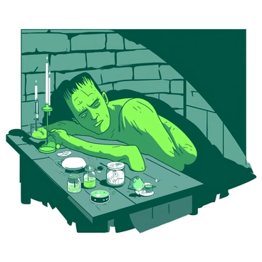 A green Frankenstein's monster is slowly opening its eyes in a room illuminated by soft, flickering candlelight. The monster is lying on a wooden table, with its arms resting at its sides. Shadows dance along the stone walls, creating an eerie ambiance. Various scientific instruments and jars filled with mysterious substances are scattered across the table. The monster's skin is textured and slightly scarred, adding to its dramatic appearance. Its expression is one of confusion and awakening, as it begins to take in its surroundings.
