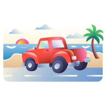 A red truck is driving along a beach road with sand on both sides. The truck has large black wheels and shiny chrome accents. The ocean is visible to the left, reflecting the warm colors of the sunset. The sun is low on the horizon, casting an orange and pink glow across the sky. Fluffy clouds are scattered, catching the light of the setting sun. The beach is dotted with a few palm trees swaying gently in the breeze. In the distance, waves gently roll onto the shore.