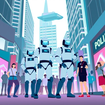 A squad of android police officers stands in a busy city street. Each officer has a sleek, metallic body with bright blue accents and glowing visors. They are equipped with high-tech gadgets attached to their belts, scanning the crowd for any signs of trouble. The street is filled with diverse pedestrians, such as people of various ages and ethnicities, walking past futuristic storefronts adorned with vibrant holographic advertisements. Skyscrapers with reflective glass towers rise majestically in the background, while flying vehicles zip through the sky above. The atmosphere is dynamic and bustling, with a sense of order maintained by the presence of the android officers.