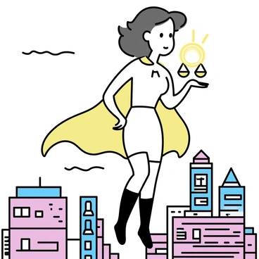 A superhero figure of "Themis," standing confidently in mid-air above a bustling cityscape. She has a strong, athletic build, wearing a sleek, stylized costume that incorporates elements of classical robes. In her right hand, she holds a set of "scales" that are glowing with a bright light, illuminating her face and the surroundings. The city below features tall buildings with a mix of modern and classic architectural designs. The sky is a gradient of colors, indicating either dawn or dusk, enhancing the dramatic effect of her presence.