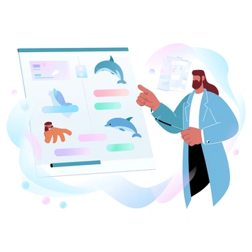 A science teacher is standing next to a large chart that displays various animal classifications. The chart features colorful illustrations of different species, including a lion, a dolphin, and a butterfly, each labeled according to their classification. The teacher is pointing to the chart with one hand while holding a pointer in the other hand. The background is filled with educational materials related to biology and nature.