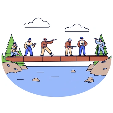 A group of Confederate engineers working on a bridge construction over a wide river. The engineers are wearing practical clothing typical of the Civil War era, with some in light brown and gray uniforms. The bridge is composed of wooden beams and is partially completed, spanning across the flowing water below. A few engineers are measuring distances with a long ruler, while others are securing planks in place. The riverbanks are lined with trees, and there are small rocks scattered along the riverside. Above, the sky is clear with a few fluffy white clouds.