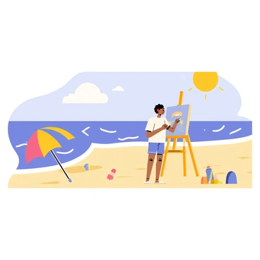 A bright beach scene with soft, golden sand extending across the foreground. In the center, a cartoon-style artist is standing on a small, colorful easel, painting the landscape with a wide brush. The artist has short, curly hair and is wearing a white shirt and blue shorts. The ocean waves are gently lapping at the shore, with small white foamy crests. In the background, there is a clear blue sky dotted with fluffy white clouds, and a bright sun casting warm yellow light over the entire scene. Nearby, a colorful beach umbrella provides shade, with a few scattered beach toys on the sand.