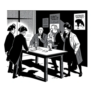 A group of individuals is gathered in a dimly lit room, engaged in animated discussion. There are five men, all dressed in late 18th-century attire, with powdered wigs and tricolor cockades displayed prominently on their hats. One man stands at a wooden table, gesturing passionately, while the others lean in, listening intently. The room is filled with shadows, emphasizing the serious atmosphere. The walls are adorned with political posters, and a single flickering candle illuminates the scene, casting dramatic shadows across the faces of the members.